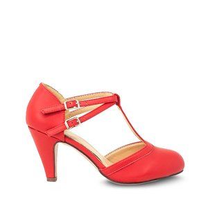 Red Pu Women's Mary Jane T-Strap Round Toe Pump